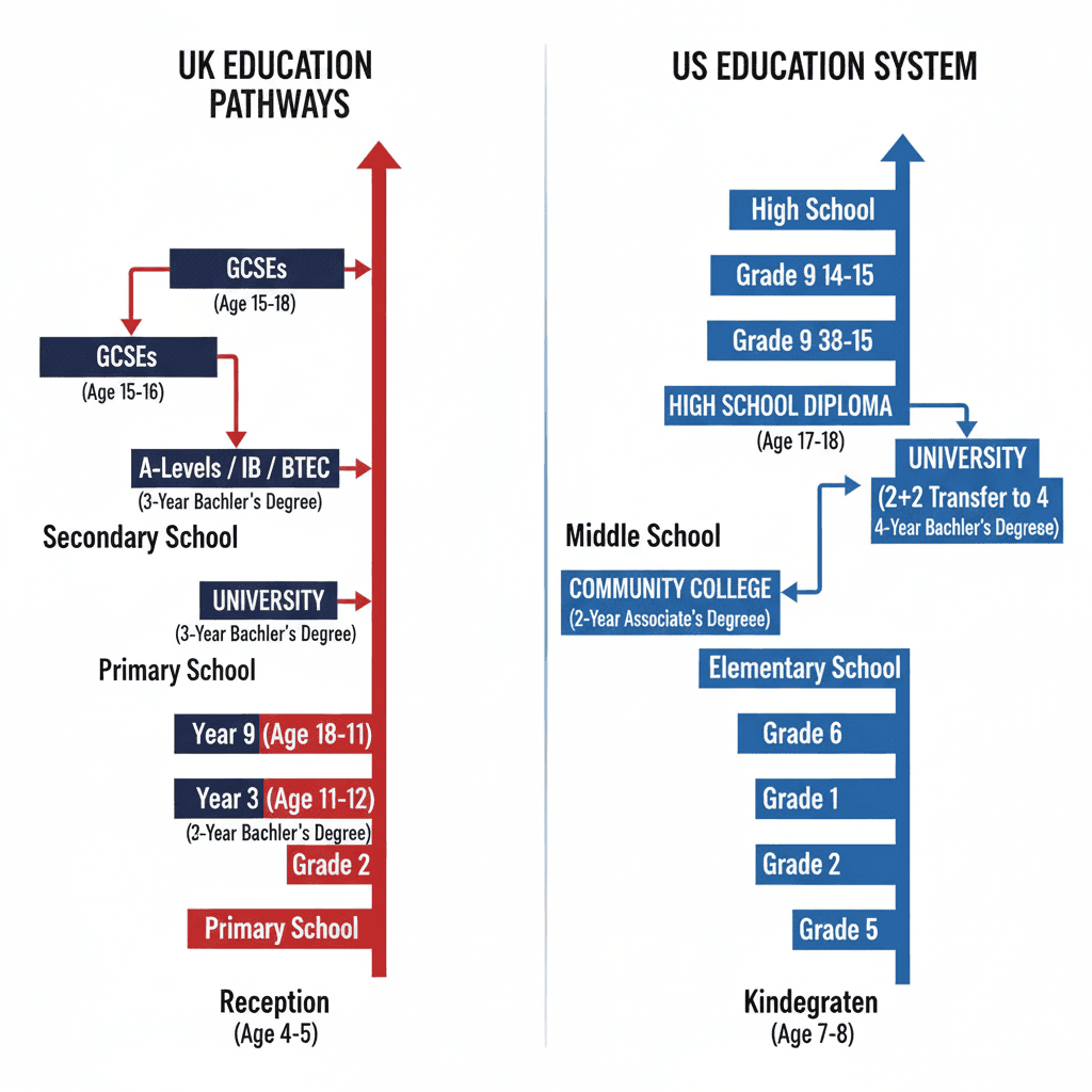 GCSE to A Levels to University vs High School to Community College to University