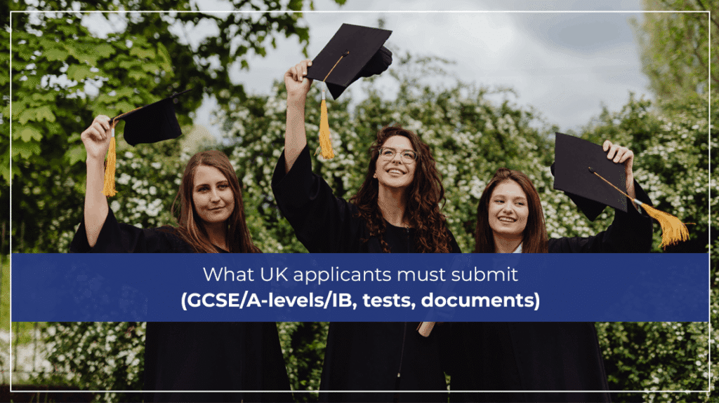 What UK applicants must submit (GCSEA-levelsIB, tests, documents)